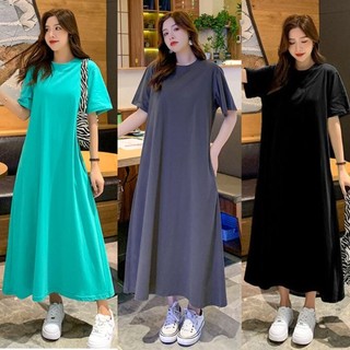 [plus Size] (40-150kg) Đầm Nữ Tay Ngắn Dáng Rộng Màu Trơn Vừa Vặn