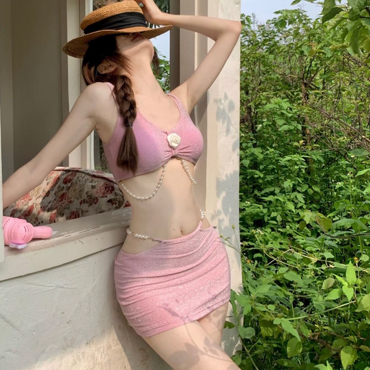 Bộ Đồ Bơi Ba Mảnh Màu Hồng Lưng Cao Thời Trang Quyến Rũ Cho Nữ