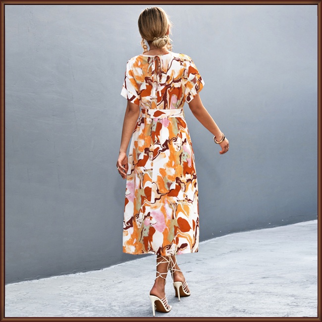 Đầm Dài Tay Ngắn Cổ Tròn Thắt Nơ Lưng Thoáng Khí In Họa Tiết Hoa Phong Cách Boho Cho Nữ