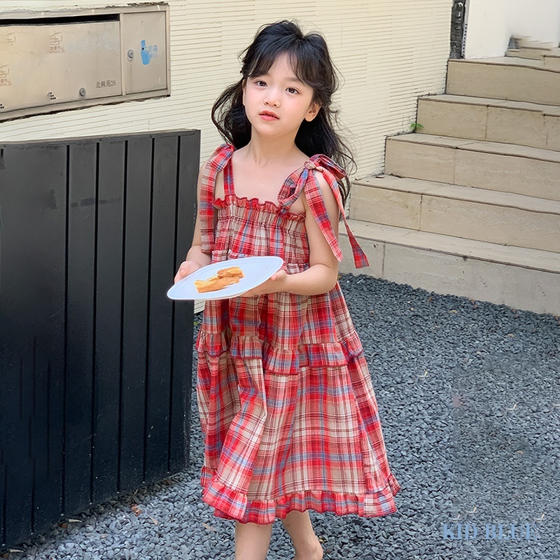 Đầm Tầng Thắt Nơ Họa Tiết Caro Ngọt Ngào Thời Trang Mùa Hè Phong Cách Hàn Quốc Cho Bé Gái