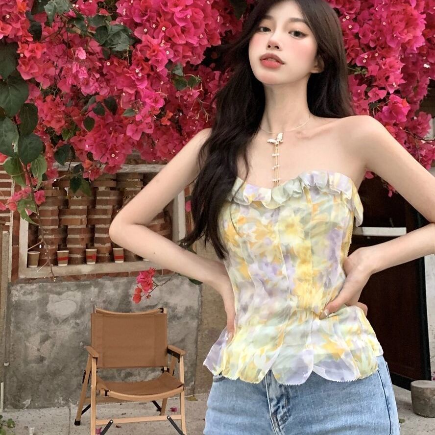 Áo Hai Dây Dáng Ngắn Họa Tiết Hoa Phong Cách Pháp Thời Trang Cho Nữ