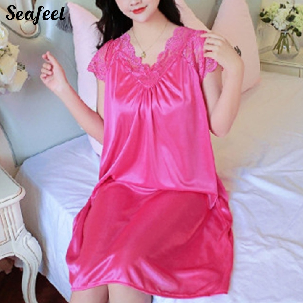 Đầm Ngủ Vải Satin Phối Ren Cổ Chữ V Thời Trang Cho Nữ