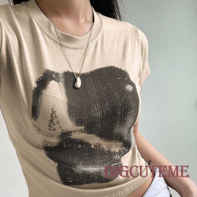 [] Áo Thun Ngắn Tay Cổ Tròn In Họa Tiết Trừu Tượng Ôm Dáng Phong Cách Đường Phố Thời Trang Mùa Hè Cho Nữ