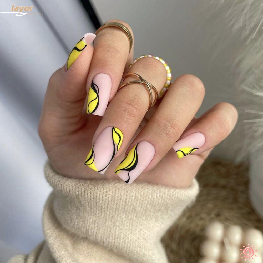 Set 24 Móng Tay Giả Đối Xứng Họa Tiết Da Báo Màu Vàng Đen DIY
