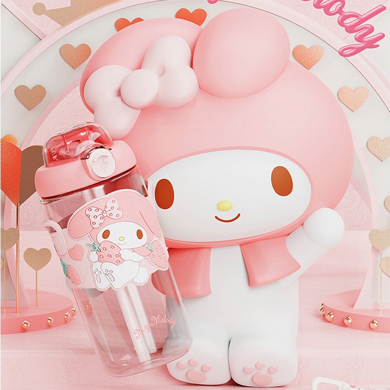 Bình Nước Có Ống Hút Họa Tiết Hoạt Hình Sanrio Kuromi Cinnamoroll Purin My Melody Dễ Thương Cho Bé Gái