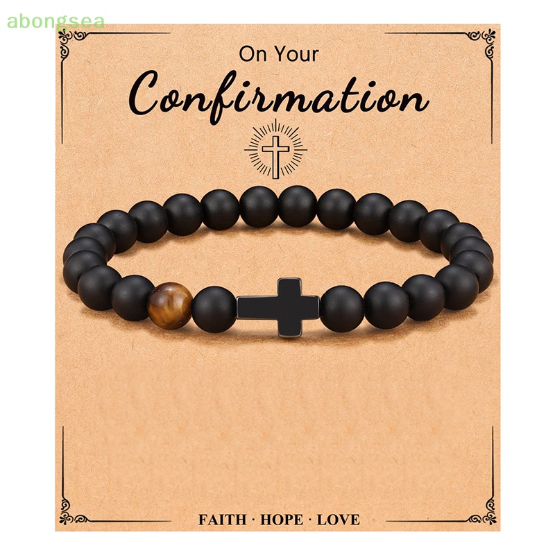 Abongsea Vòng Tay Chuỗi Hạt Đá Tự Nhiên Màu Đen Mặt Thánh Giá Thời Trang Cho Cặp Đôi