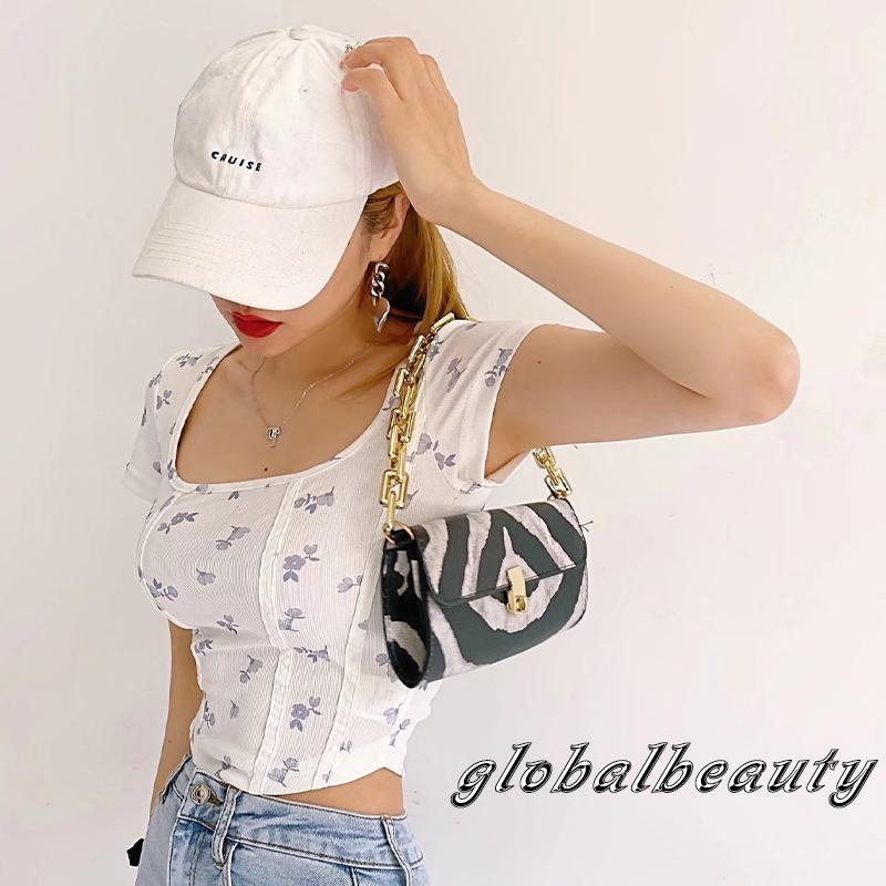 Áo Croptop Ngắn Tay Cổ Vuông Họa Tiết Hoa Thời Trang Xuân Hè