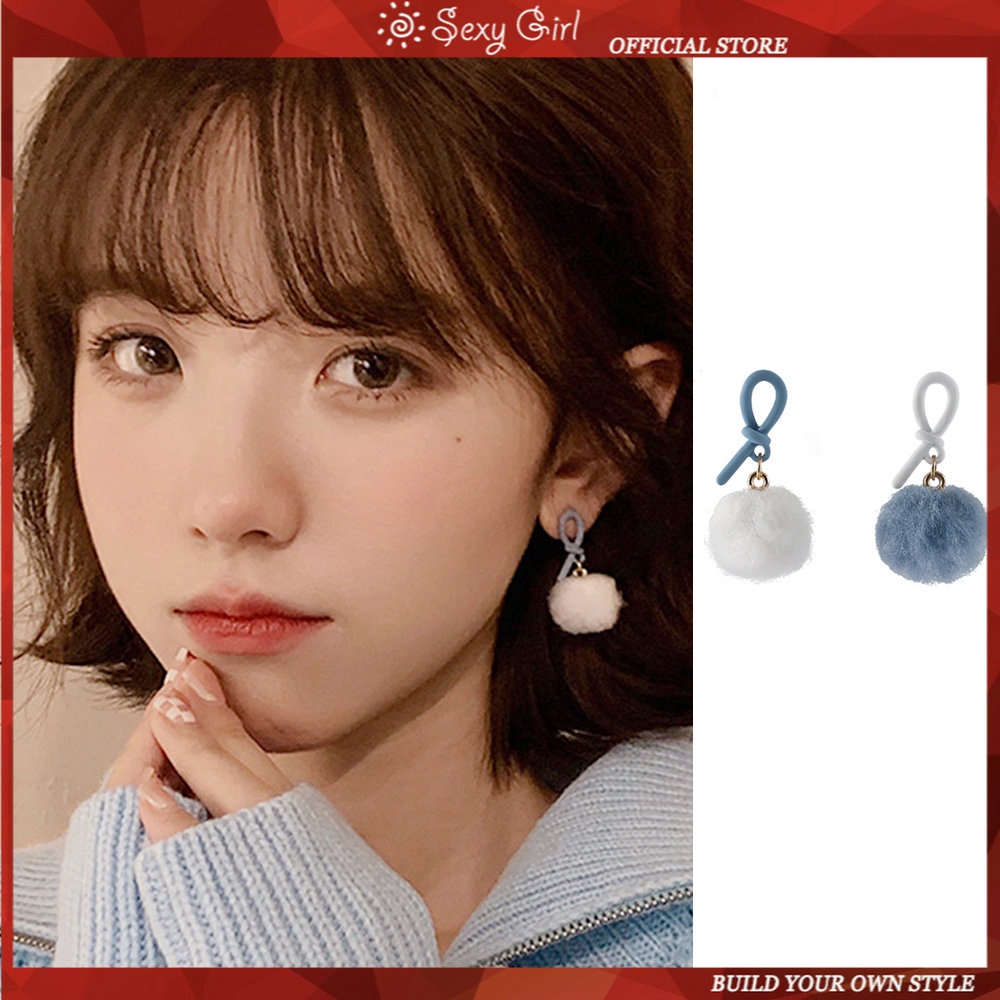 Bông Tai Đính Bóng Lông Màu Xanh Dương / Trắng Thời Trang Thu Đông Dễ Thương Cho Nữ