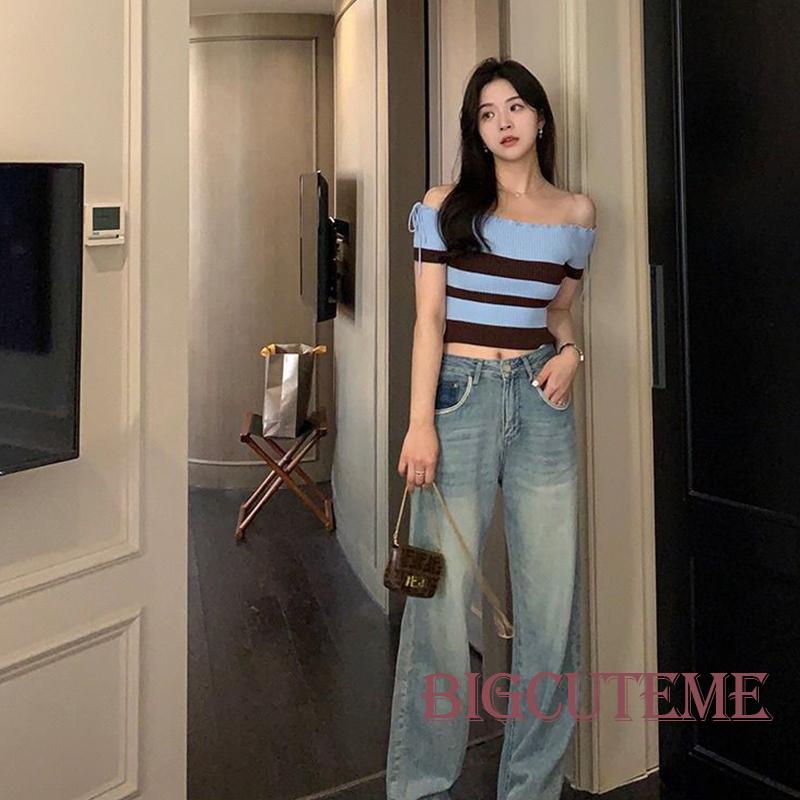 Áo Thun Dệt Kim Trễ Vai Tay Ngắn Họa Tiết Kẻ Sọc Thời Trang Mùa Hè Dành Cho Nữ