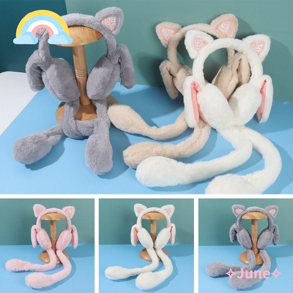 JUNE Chụp Tai Giữ Ấm Mùa Đông Thiết Kế Hình Mèo Nhồi Bông Dễ Thương