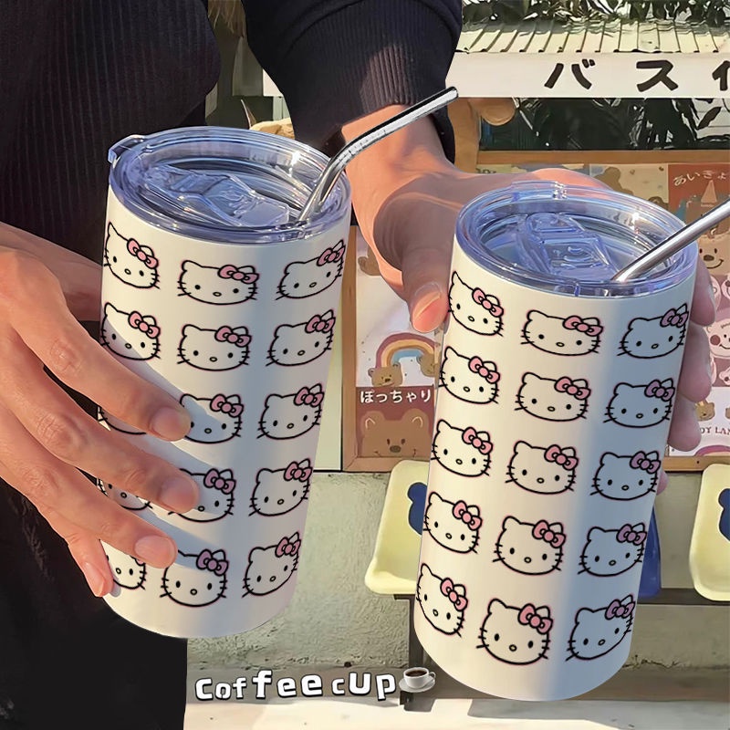 Bình Nước Hello Kitty Giữ Nhiệt Bằng Thép Không Gỉ Kèm Ống Hút