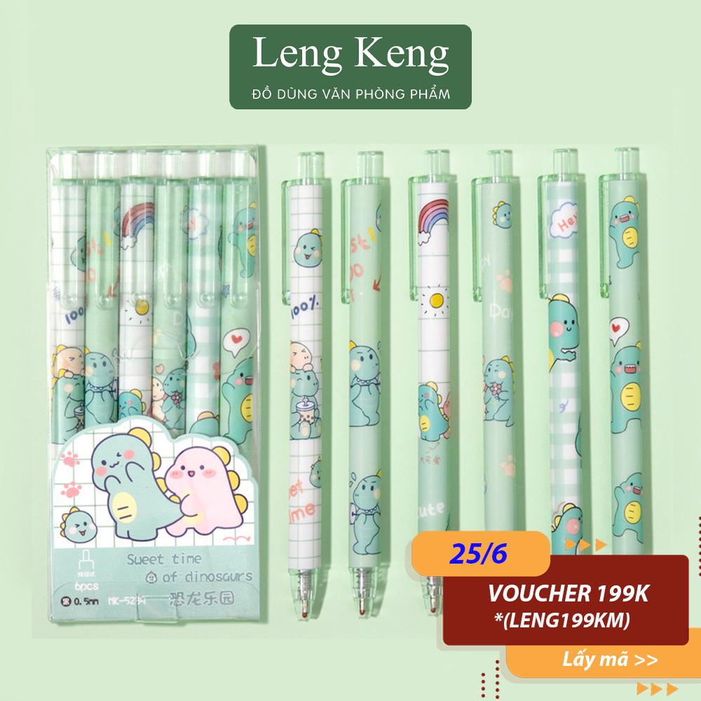 Bộ 6 bút bi bấm ngòi 0.5mm văn phòng phẩm Leng Keng họa tiết hình khủng long siêu cute B21-H