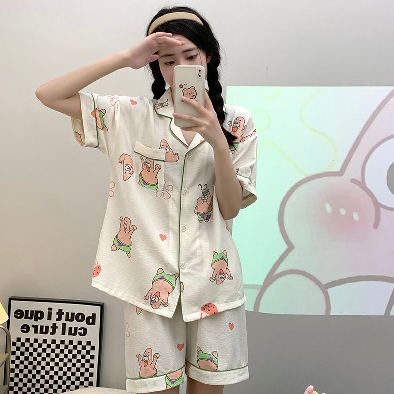 Bộ Đồ Ngủ Tay Ngắn In Họa Tiết Hoạt Hình Phong Cách Hàn Quốc Thời Trang Mùa Hè Xinh Xắn Cho Nữ