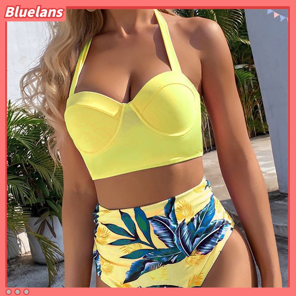 [BLS] Bộ Đồ Bơi Bikini Hai Mảnh Có Đệm Ngực Lưng Cao In Họa Tiết Lá Cây Dành Cho Nữ Hoạt Động Dưới Nước