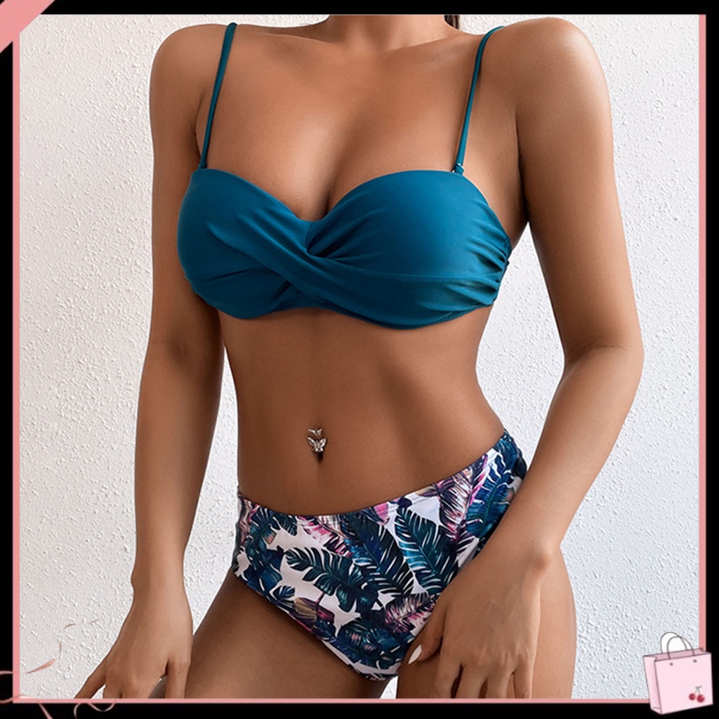 {Soltweter} Bộ Đồ Bơi Bikini Lưng Cao Có Đệm Nâng Ngực Màu Trơn In Hoa Cho Hoạt Động Dưới Nước
