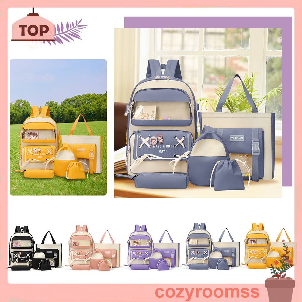 Set 5 Balo Túi Xách Ví Canvas Họa Tiết Hoạt Hình Dễ Thương