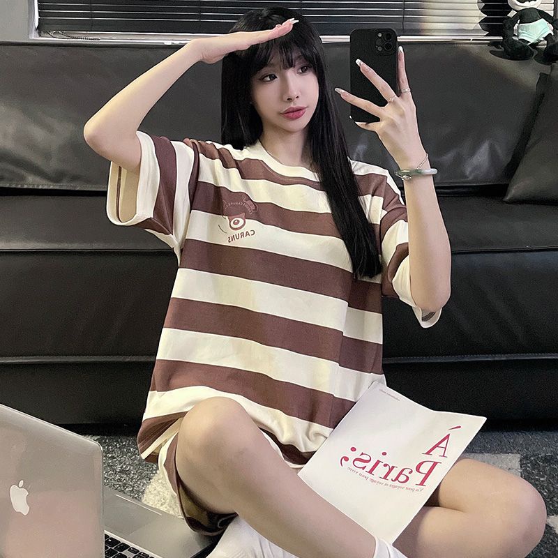 Bộ Đồ Ngủ Tay Ngắn Chất Cotton Dáng Rộng In Họa Tiết Hoạt Hình Dễ Thương Thời Trang Mùa Hè Cho Nữ