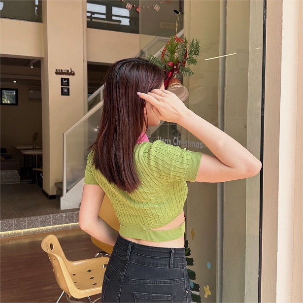 Nzn Áo Thun polo Dệt Kim Tay Ngắn Dáng Ôm Màu Tương Phản vintage Hàn Quốc Cho Nữ