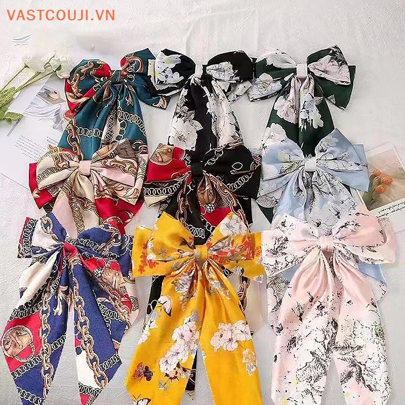 Kẹp Tóc Nơ Dài In Họa Tiết Hoa Thời Trang Cho Nữ