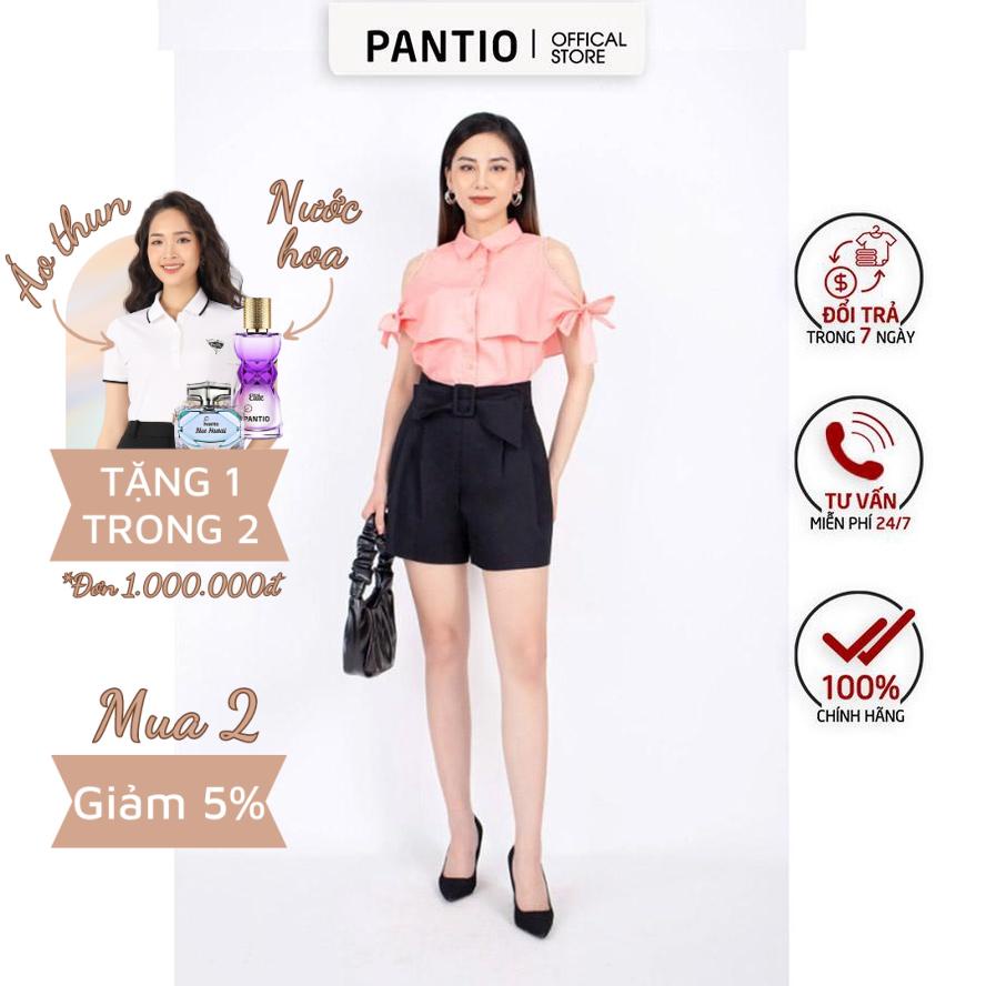 FAS33273 - Áo sơ mi công sở vải thô dáng suông tay cut-out tạo kiểu pha ren thắt nơ - PANTIO