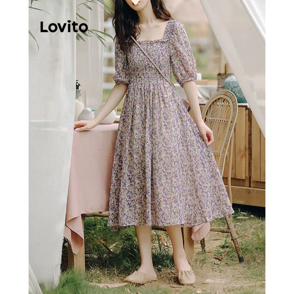 Lovito Váy midi chữ A có tay 3/4 thêu hoa phong cách Boho cho nữ LNE09090 (Nhiều Màu)