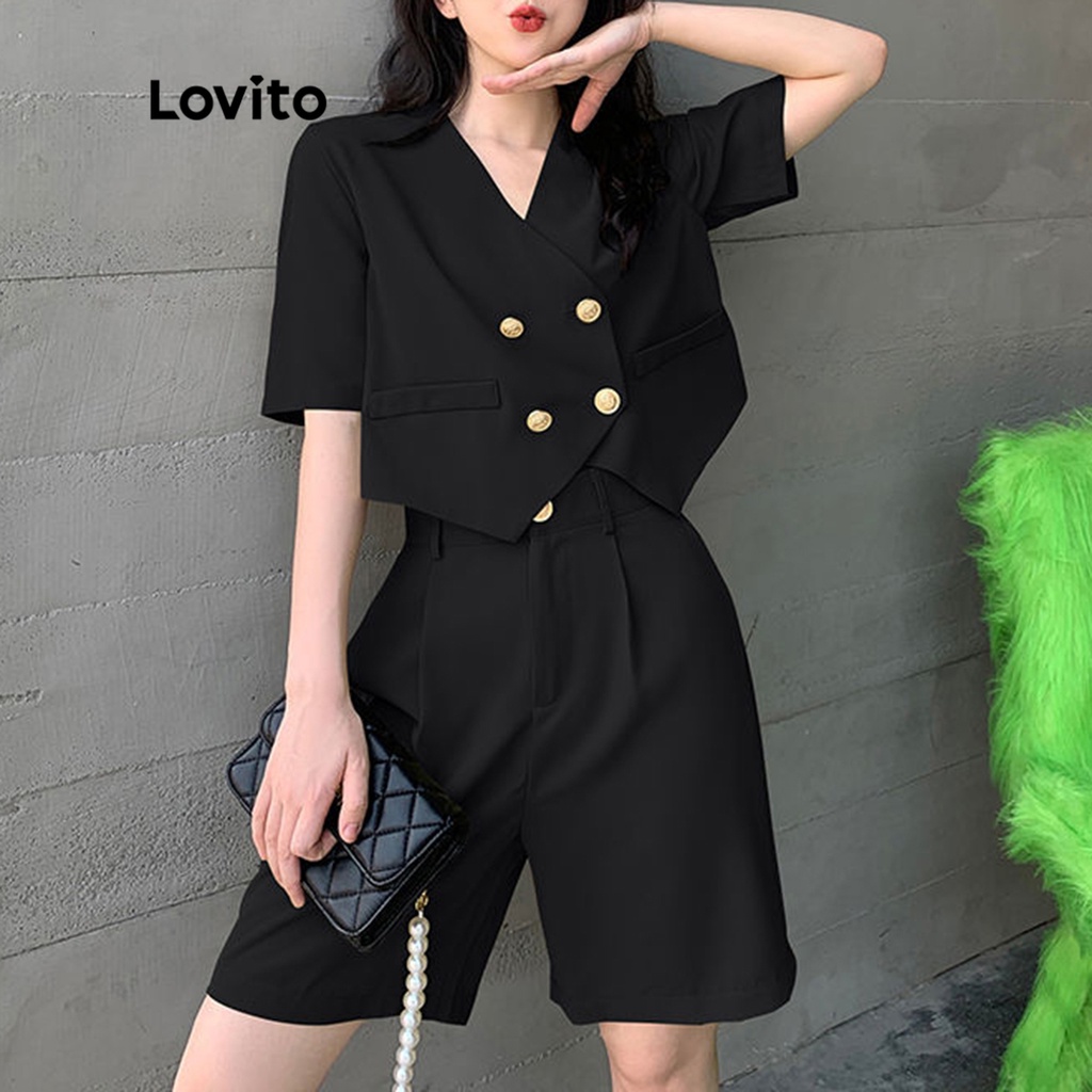 Lovito Áo cộc tay ngắn cổ chữ V có nút phía trước trơn thanh lịch dành cho nữ LNE09059 (Đen)