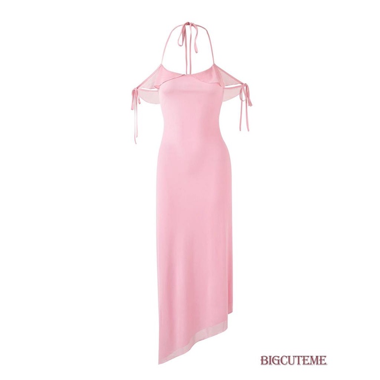 [] - Đầm Dài Không Tay Buộc Dây Cổ Không Đều Màu Hồng Mùa Hè Cho Nữ