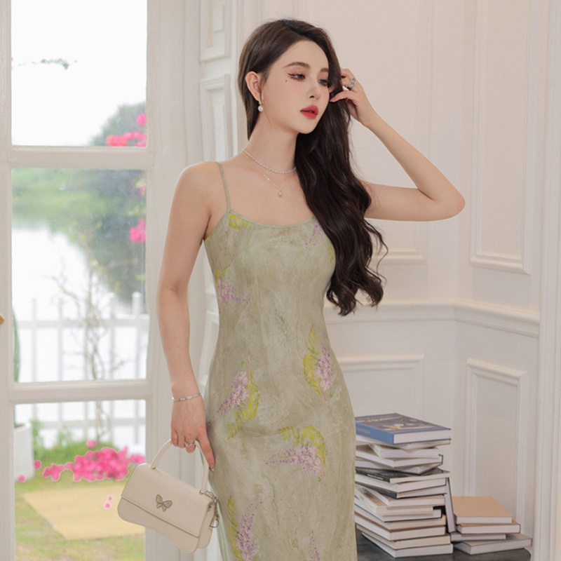 Đầm Hai Dây In Hoa Phong Cách Pháp Thanh Lịch Dễ Phối Đồ Cho Nữ