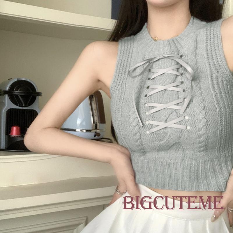 [] - Áo Tank Top Dệt Kim Không Tay Ôm Dáng Màu Trơn Cổ Tròn Buộc Dây Chéo Mùa Hè Đường Phố Cho Nữ