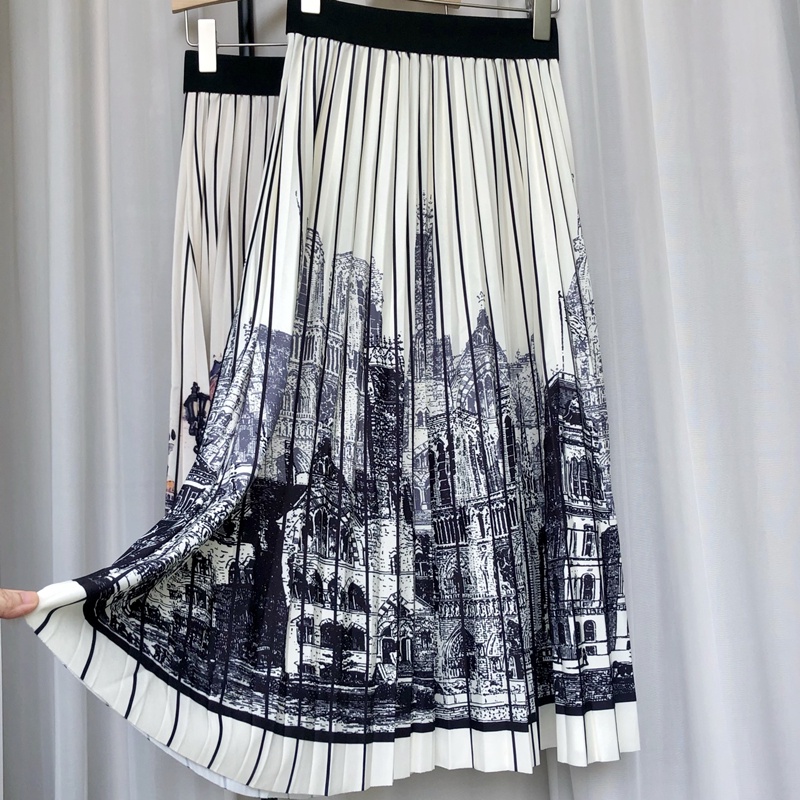 Chân Váy Chữ a Xếp Ly Kẻ Sọc In Hình Lâu Đài Thời Trang
