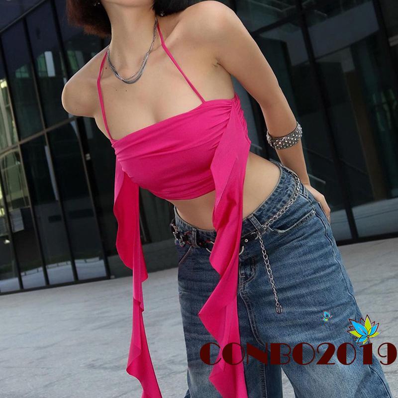 Hgm Áo Không Tay Cổ Yếm Nhún Bèo Hở Lưng Thời Trang Đi Tiệc Mùa Hè Cho Nữ