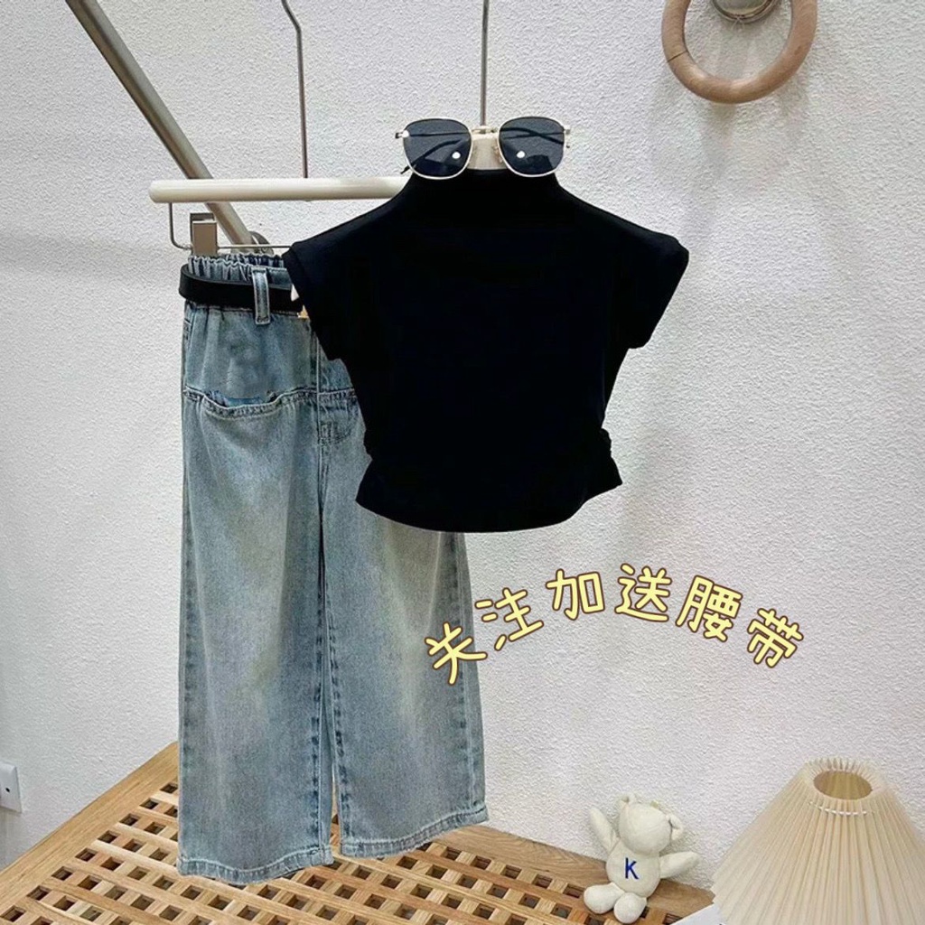 Bộ Áo Thun Tay Ngắn + Quần Jeans Thời Trang Mùa Hè Hàn Quốc 2023 Mới Cho Bé Gái