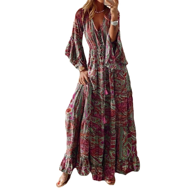 Đầm Dài Maxi Cổ Chữ V Tay Loe In Họa Tiết Hoa Thời Trang Mùa Hè Xinh Xắn Cho Nữ