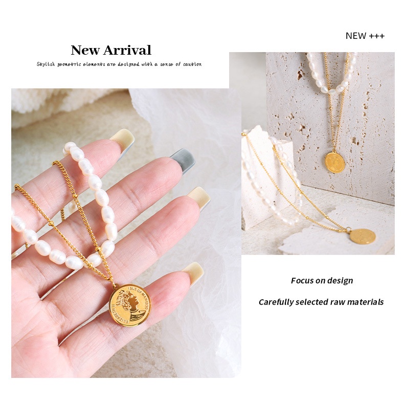 Vòng cổ Hai Lớp Bằng Thép Titan Mạ Vàng Đính Ngọc Trai Sang Trọng Cho Nữ