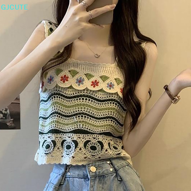 GJCUTE Áo Dệt Kim Nữ Không Tay Thêu Họa Tiết Rỗng Kiểu Vintage Thời Trang Mùa Hè
