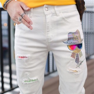 Hàng Châu Âu Hàng Mới Về Quần Jean Mỏng Ôm Dáng Co Giãn Rách Gối Màu Trắng Đá Nóng Bỏng Thời Trang Mùa Hè Cho Nam [