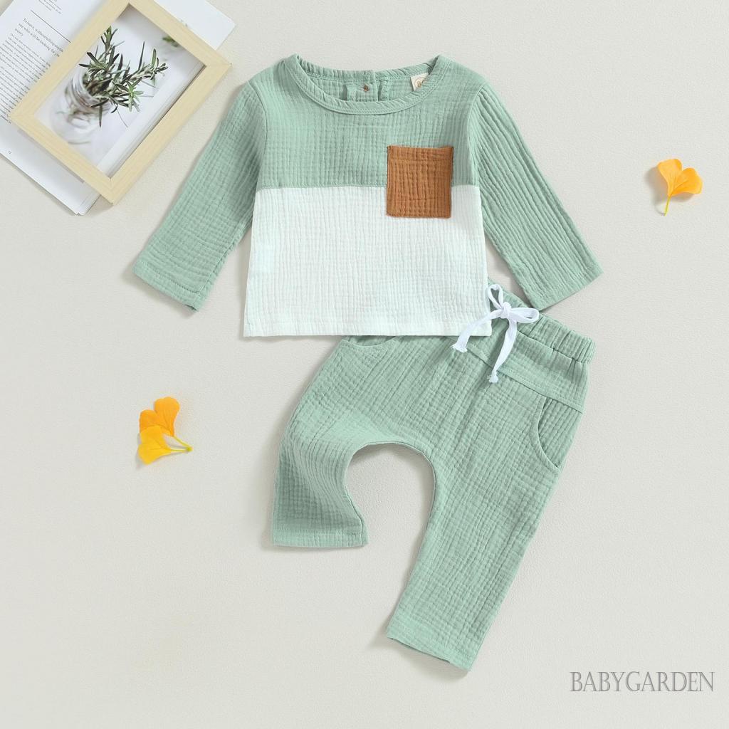 Set Đồ Mùa Thu 2 Món Gồm Áo Tay Dài + Quần Có Túi Màu Sắc Tương Phản Cho Bé Trai / 6 Tháng-4 Tuổi