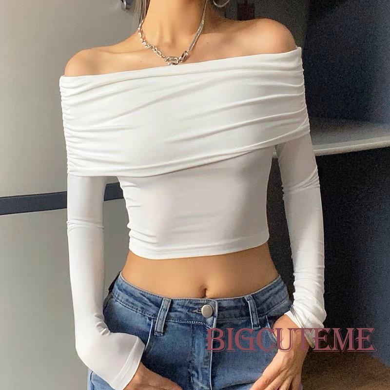 Áo Thun Lửng Tay Dài Hở Vai Màu Trơn Thời Trang Dành Cho Nữ