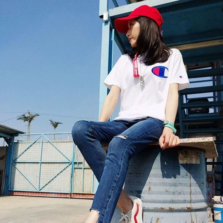 Áo Thun cotton Cổ Tròn Tay Ngắn Thêu Chữ Champion Thời Trang Mùa Hè 2023 Mới