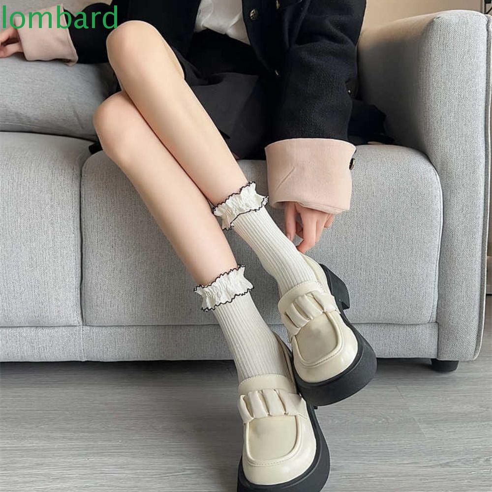 LOMBARD Đôi Vớ Cotton Phối Bèo Nhún Họa Tiết Hoa Trà Dễ Thương Thoải Mái Cho Nữ