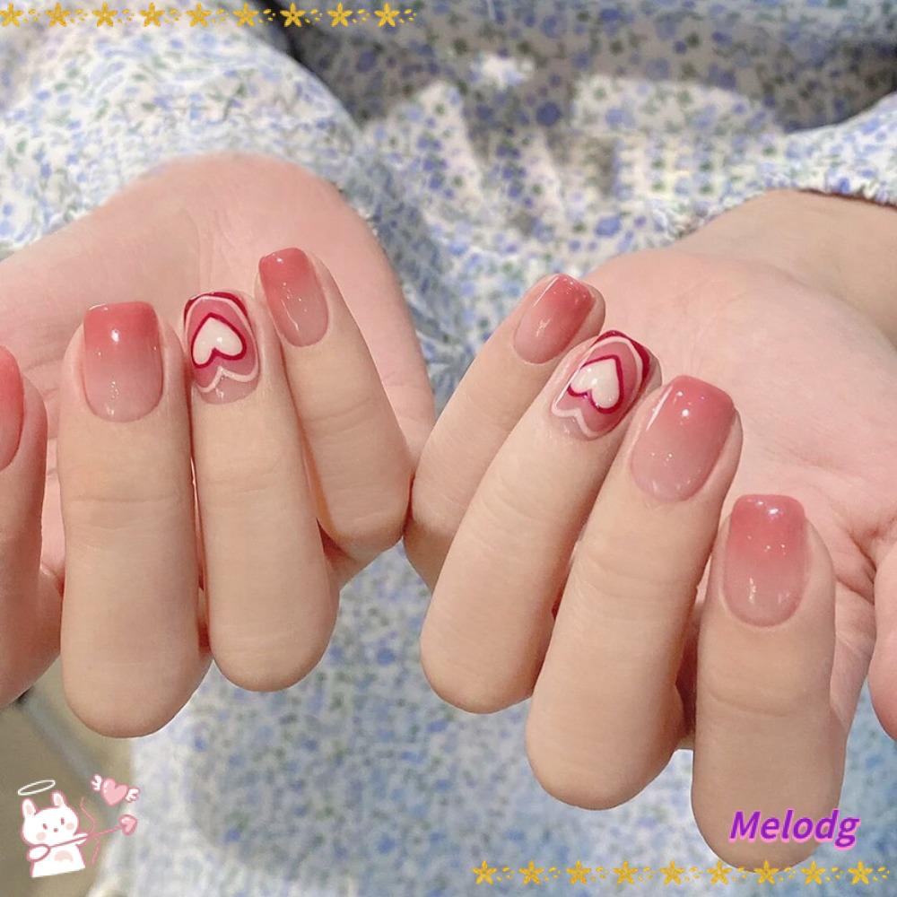 MELODG Bộ Móng Tay Giả Đầu Vuông Ngắn Dạng Nhấn Che Phủ Toàn Diện Màu Hồng Gradient Có Thể Tháo Rời Cho Nữ