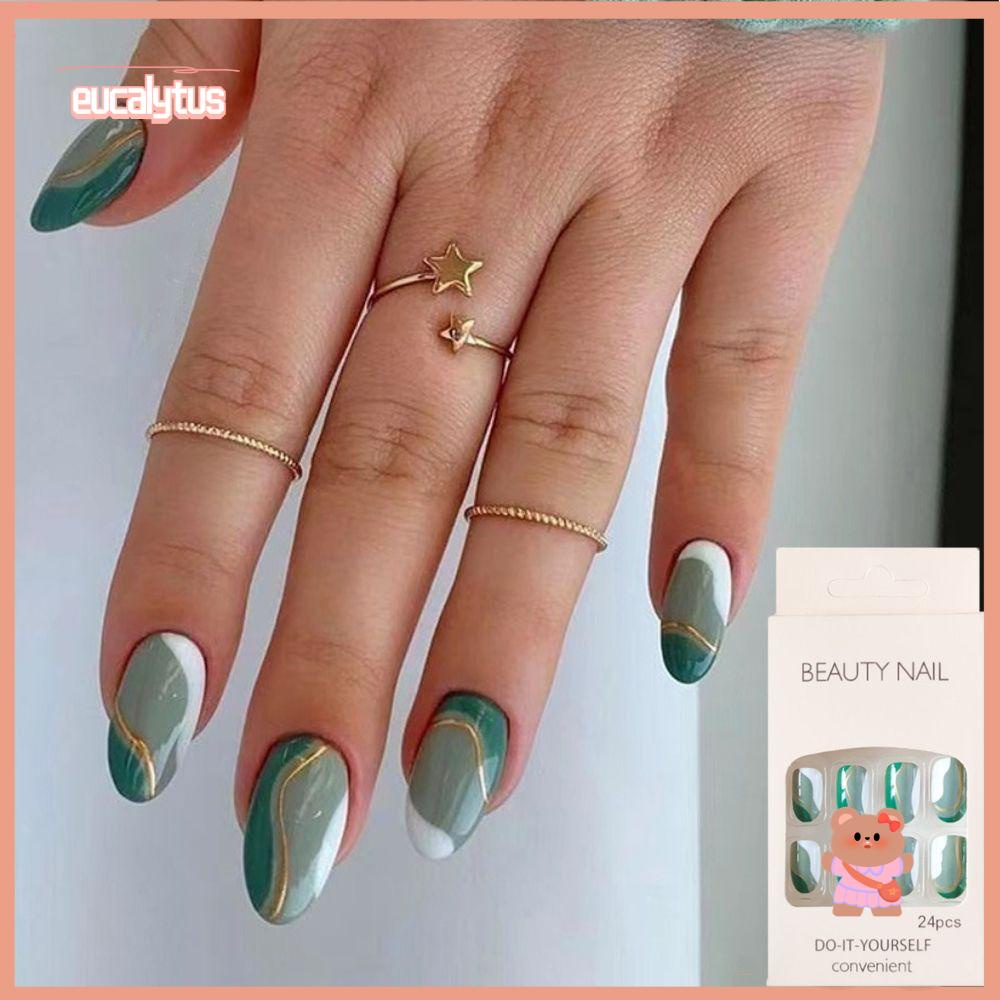 EUTUS Bộ 24 Móng Tay Giả Màu Vàng Đồng / Xanh Lá Hình Bầu Dục Có Thể Tháo Rời DIY