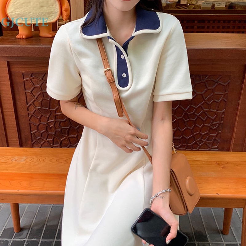 Đầm Midi Tay Ngắn Cổ Bẻ Ghép Vải Phong Cách Preppy WTD