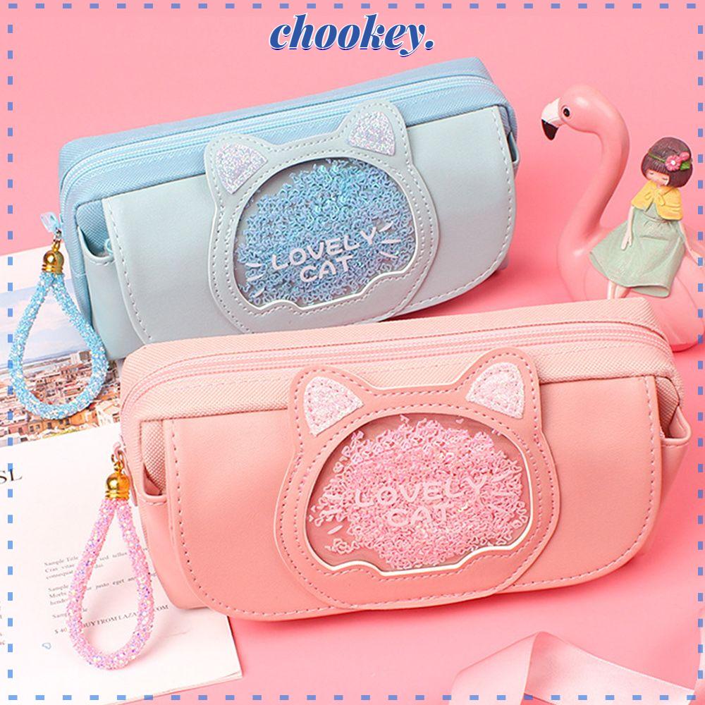 CHOOKEY Túi Đựng Bút Bằng Vải Canvas Ba Lớp Hình Mèo Dễ Thương