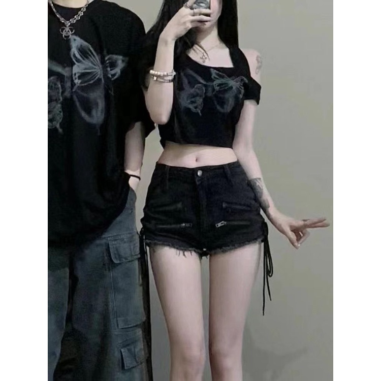 Áo Thun Tay Ngắn Hở Vai In Họa Tiết Bướm Phong Cách Retro Dành Cho Nữ