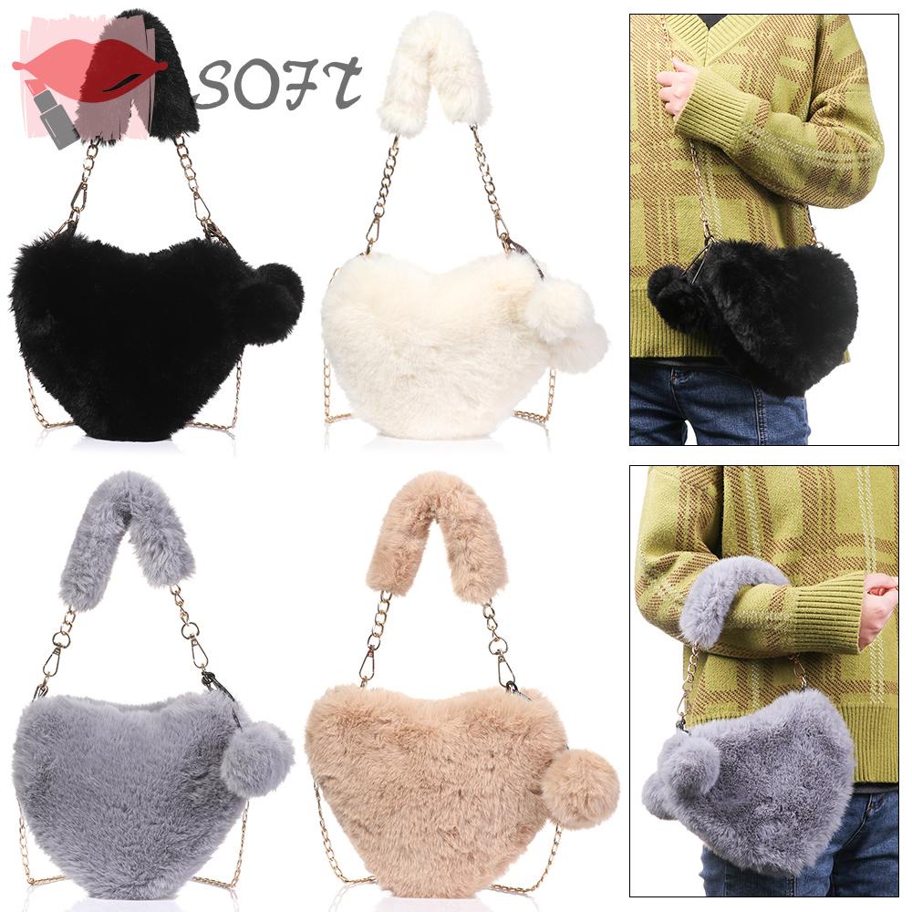 SOFTNESS Túi Đeo Chéo Phủ Lông Hình Trái Tim Thời Trang Sành Điệu