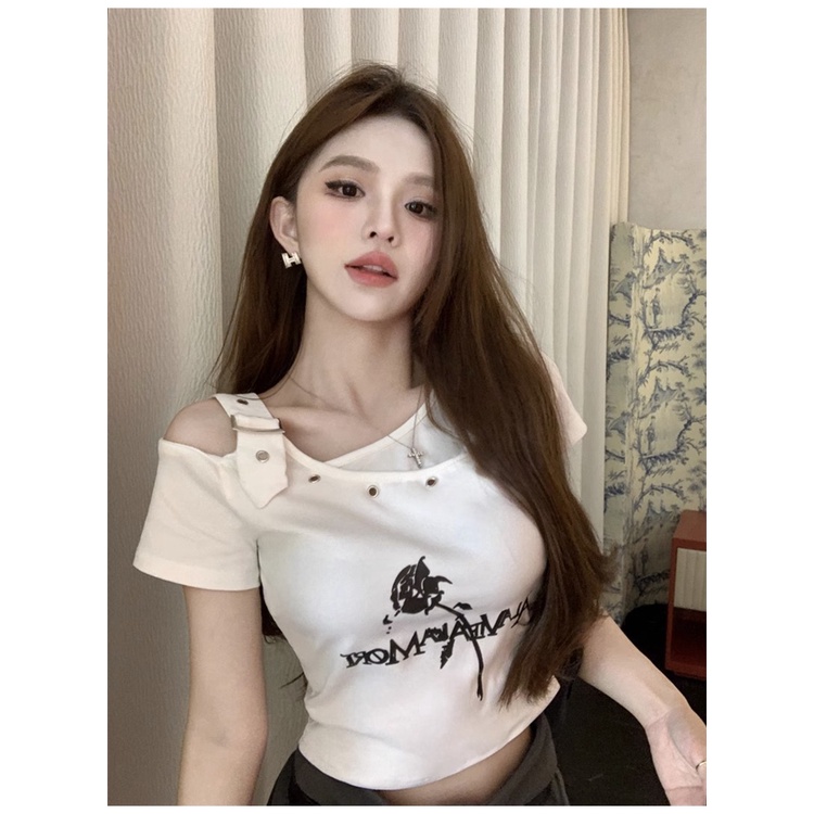 Áo Thun Ngắn Tay Khoét Vai Dáng Ôm In Họa Tiết Thời Trang Mùa Hè Hàng Mới Dành Cho Bạn Nữ