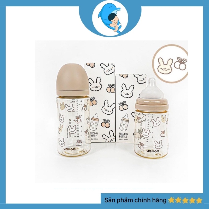 Bình sữa Ubmom họa tiết Hàn Quốc chất liệu PPSU dung tích 200/280ml cho bé tặng kèm tay cầm