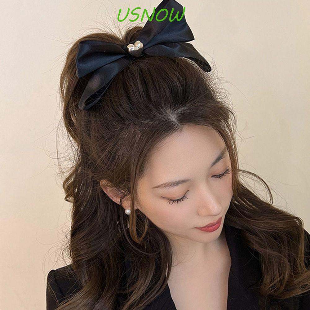 USNOW Kẹp Tóc Nơ Ruy Băng Màu Đen Hình Trái Tim Phong Cách Hàn Quốc Cho Nữ