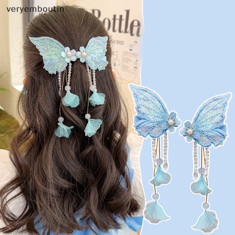 1 Cặp Trâm Cài Tóc Tua Rua Thêu Hoa Bướm Handmade Thời Trang Cho Nữ